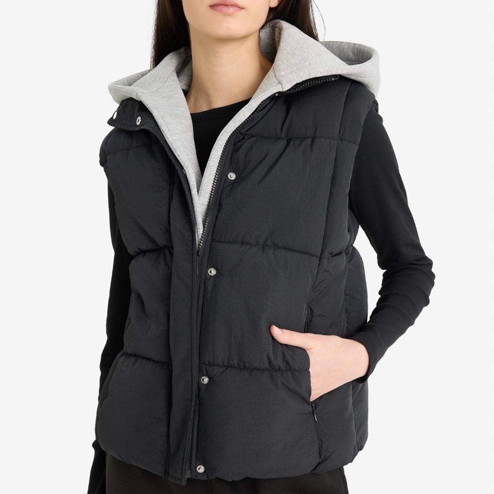 Zara Black Puffer Vest with Gray Hood